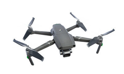 Flying drone with rotating blades, isolated on transparent background