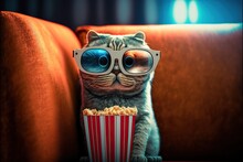 Surprised Cat In 3D Glasses And With Popcorn In A Paper Cup Is Watching A Movie While Sitting In A Chair, Created With Generative AI Technology. Close-up.