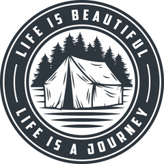 Wall Mural - Monochrome emblem camping tent and forest travel adventure