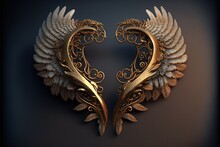  A Pair Of Golden Wings With Intricate Designs On Them, Against A Dark Background, With A Black Background And A Gold Border Around The Wings Of The Two Of The Two Wings Are Gold.  Generative Ai