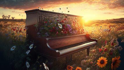 Wall Mural - flowers covered the Piano in the sunset. Generative AI	
