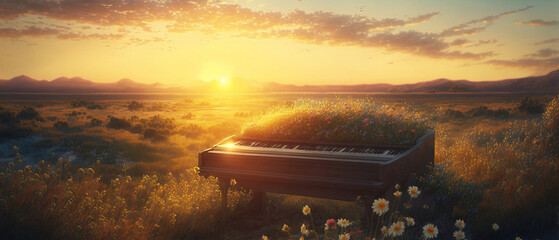 flowers covered the Piano in the sunset. Generative AI	
