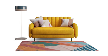 Canvas Print - Midcentury yellow sofa with pillow rug and floor lamp