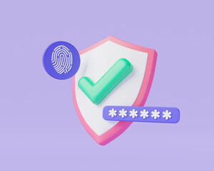 Shield protection with checkmark, password and Fingerprint. privacy security, finger digital security, modern shield, safety, password security ,fingerprint scanning. 3d render illustration