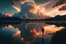  A Man Standing In Front Of A Lake Under A Cloudy Sky With A Volcano In The Background And A Reflection In The Water Below It, With A Reflection Of A Person Standing In The Water.  Generative Ai