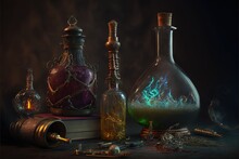  A Group Of Bottles With A Fire Inside Of Them On A Table Next To A Book And A Pipe With A Lighter In It And A Lighter In The Middle Of The Bottle With A Flame.  Generative Ai