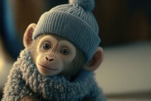  A Monkey With A Hat And A Sweater On It's Head Is Sitting On A Table And Looking At The Camera With A Surprised Look On Its Face, With A Serious Expression,.  Generative Ai