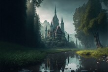  A Castle In The Middle Of A Forest With A Pond In Front Of It And A Forest In The Background With A Few Trees And Rocks In The Foreground, And A Dark Sky With Clouds.  Generative Ai