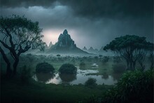  A Dark Landscape With A Mountain In The Distance And A Lake In The Foreground With Trees And Bushes In The Foreground And A Dark Sky With Clouds And Rain Falling Overcast,.  Generative Ai