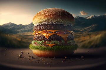 portrait Tasty Hot  burger publicity on wooden tabel ,Cinematic landscape background, cheese crust seafood topping sauce vegetables delicious fast food,photography, Generative ai
