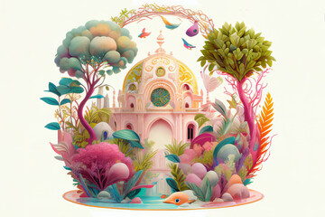Wall Mural - Imaginative, colorful illustration of cute fantasy palace, generative ai, digital art, isolated on white background