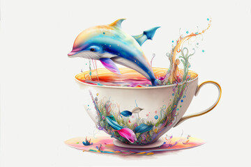 Wall Mural - Imaginative, colorful illustration of cute fantasy dolphin in a teacup, generative ai, digital art, isolated on white background