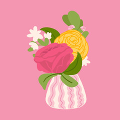 Bouquets of roses in cute small vase. Romance valentines day card. Vector illustration in flat style