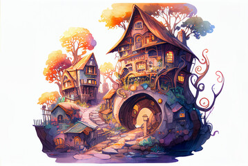 Wall Mural - Imaginative, colorful illustration of cute fantasy cottage, generative ai, digital art, isolated on white background