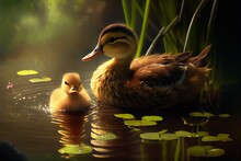 Cute Duck Baby Ducklings Swimming In A Pond, Generative Ai