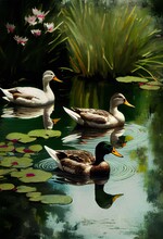 Cute Duck Baby Ducklings Swimming In A Pond, Generative Ai