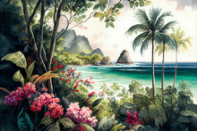 Watercolor Tropical Summer Paradise Scene With Ocean, Flowers, And Palms. Generative AI.