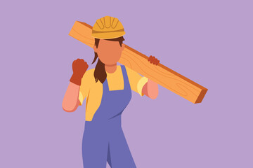 Wall Mural - Graphic flat design drawing female carpenter carrying wooden board with celebrate gesture, working in workshop making wooden product. Skills in using carpentry tool. Cartoon style vector illustration