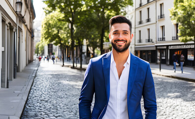 Young handsome businessmann in white shirt and blue jacket on city outdoor background. Generative AI