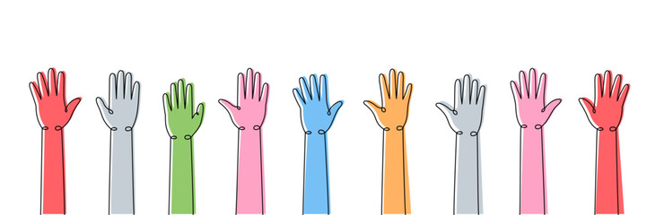 Wall Mural - Raised hands one line colored continuous drawing. Public opinion, user feedback continuous colorful one line illustration. Vector linear illustration.