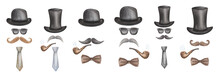 Watercolor Illustration. Hand Painted Set Of Gentlemen. Men Silhouettes From Glasses, Moustaches, Black Bowler, Top Hat, Bow Tie, Brown Smoking Pipe. Prints For Business Man Cards, Postcards, Banners