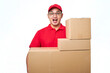 © Reza - Pleasant smiling asian courier, delivery man in red uniform bring parcels to doorstep, carry boxes with orders
