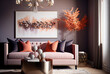 Beautiful colorful living room in powder pink and autumn orange, Interior Design Ideas, Home Decoration, generative ai