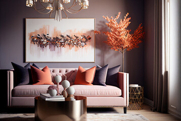 Wall Mural - Beautiful colorful living room in powder pink and autumn orange, Interior Design Ideas, Home Decoration, generative ai