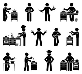 Wall Mural - Stick figure man making breakfast, lunch, dinner vector illustration set. Stickman person cooking at home restaurant kitchen icon pictogram