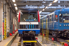 Several Types Of Electric Locomotives Metro Subway Modern And Obsolete In The Depot For Repair Diagnostics.