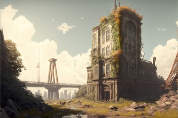 Wall Mural - A beautiful overgrown abandoned building in a dystopian environment.