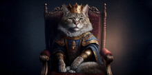 The Royal Cat With Luxury Dress Costume. Close Up Portrait King Cat With Throne And Crown. Generative AI.