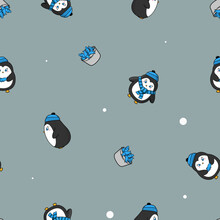 
Seamless Pattern Of Cute Penguins Dressed In A Hat And Scarf Next To A Christmas Tree And A Bucket Of Fish Hand Drawn In Flat Style