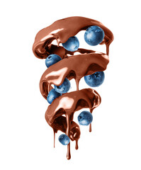 Wall Mural - Melted chocolate with blueberries in a swirling shape isolated on a white background