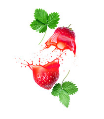 Wall Mural - Strawberry cut into two halves with splashes of juice closeup