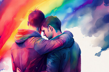 Two young men together, loving gay couple, ai illustration