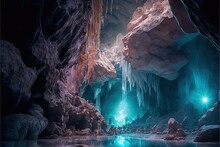  A Cave With A Pool Of Water And Ice Hanging From The Ceiling And A Light At The End Of The Cave Is Glowing Blue And Green And Ice Hanging From The Ceiling, And A.  Generative Ai