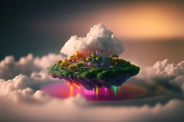 Wall Mural -  a floating island in the clouds with a castle on top of it, floating in the air with a rainbow colored substance floating on top of it, and a dark sky with clouds and.  generative ai