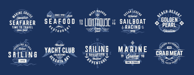 Wall Mural - Nautical logo set. Vintage sailing emblems. Print for t-shirt. Vintage typography. Trendy hipster design. Marine labels, emblems, logo. Vector logo templates.