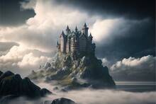  A Castle In The Clouds On A Mountain Top With A Sky Background And Clouds In The Foreground, With A Boat In The Foreground, And A Dark Sky With Clouds And A.  Generative Ai
