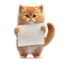 Funny Beautiful Red Fluffy Kitten Holding A White Empty Sheet Of Paper. Cute Celebration Greeting Template With Space For Text. Generative AI