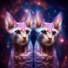  Two Cats With Blue Eyes Are Shown In Front Of A Galaxy Background With Stars And A Star Cluster In The Middle Of The Image, And A Third Cat Has A Pink And Blue Eye.  Generative Ai