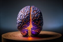  A Model Of A Human Brain With A Bright Orange Glow On It's Side And A Section Of The Brain Visible In The Middle Of The Image, On A Wooden Table With A Black Background.  Generative Ai