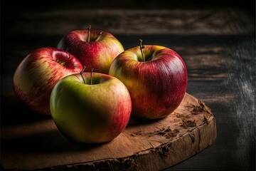  a group of apples sitting on top of a wooden cutting board on a table with a knife in it's hand and a knife in the other hand, on a wooden board, with a dark background.  generative ai