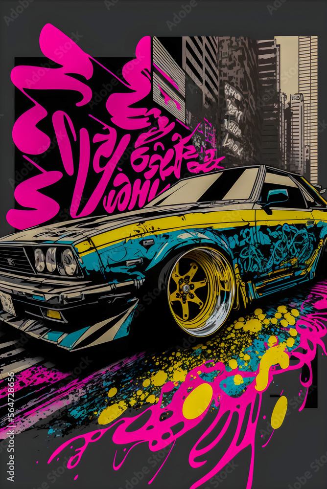 Japanese car tuning Bosozoku, graffiti poster art