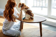 pets, morning, comfort, rest and people concept. happy young female with dog at home, loving stroking playing, enjoying weekends together, cozy living room at day time. pet on table
