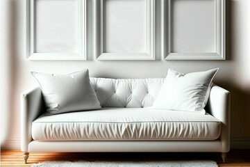 a white couch sitting in front of three framed pictures on a wall above it's headboard and a rug und