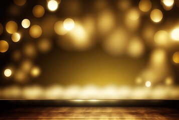 illustration of abstract gold bokeh background,  golden spotlights shine on stage floor in dark room, idea for background, backdrop, mock up Generative Ai