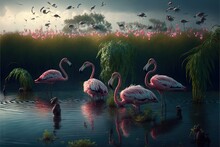  A Group Of Flamingos Standing In A Pond Of Water With Birds Flying Around Them And A Dark Sky In The Background With Clouds And Pink Flowers In The Foreground, And A Few.  Generative Ai