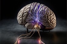  A Brain With Electrical Wires Connected To It And A Black Background With A White Light Coming From The Top Of The Brain And A Purple Wire Running Through The Middle Of The Brain, And.  Generative Ai